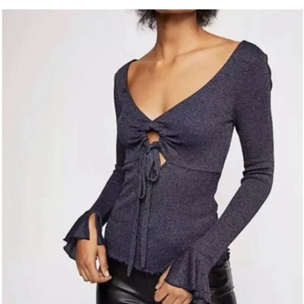 Intimately Free People Say When Blue Metallic Long Sleeve Top Shirt Size XS